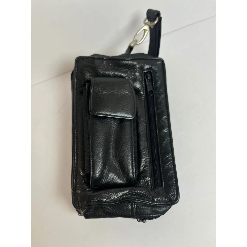 Black Leather Wristlet Clutch‎ Wallet Organizer Bag Purse Travel Small